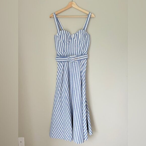 NEW Cara Cara Calypso Midi Dress Ivory Blue Striped Seersucker | US 6 UK 10 - Picture 7 of 14